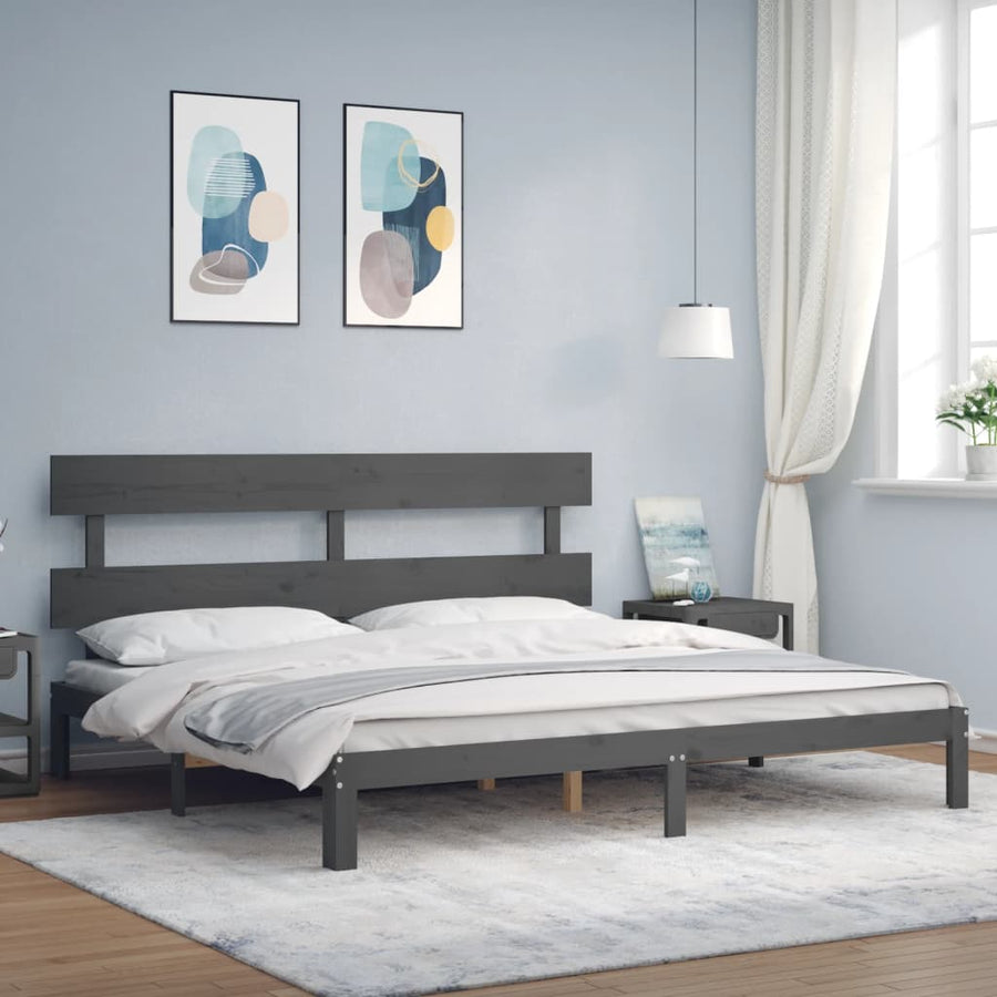 Bedframe met hoofdbord massief hout grijs 200x200 cm 200 x 200 cm Grijs met hoofdbord