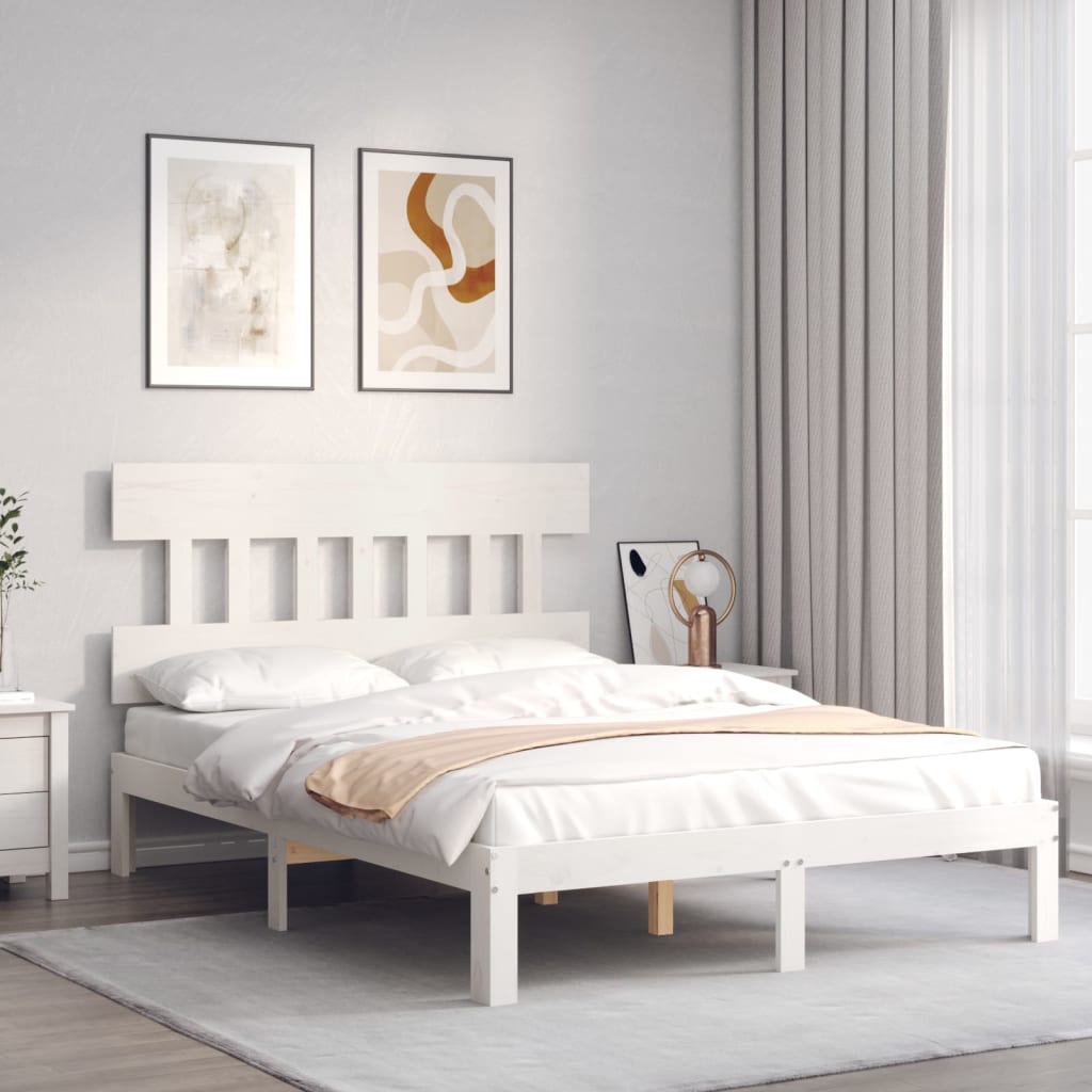 Bedframe met hoofdbord massief hout wit 4FT Small Double 120 x 190 cm Wit met hoofdbord