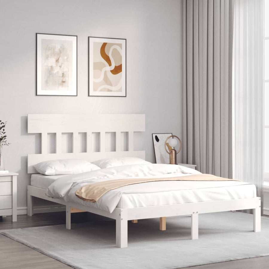 Bedframe met hoofdbord massief hout wit 140x190 cm 140 x 190 cm Wit met hoofdbord