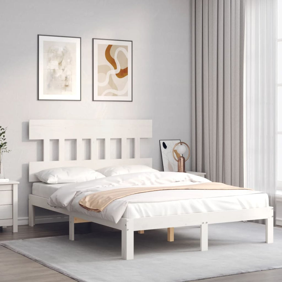 Bedframe met hoofdbord massief hout wit 140x200 cm 140 x 200 cm Wit met hoofdbord