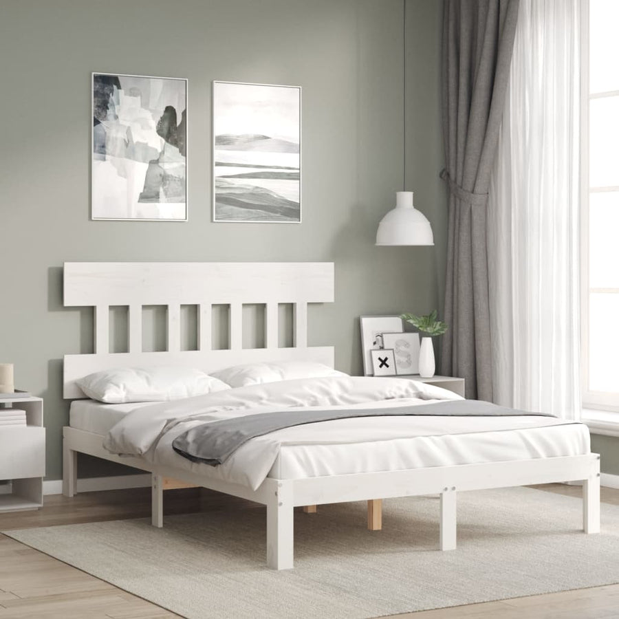 Bedframe met hoofdbord massief hout wit 140x200 cm 140 x 200 cm Wit met hoofdbord