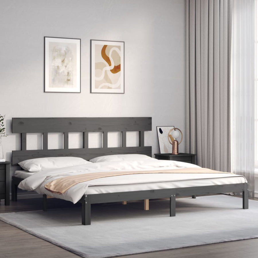Bedframe met hoofdbord massief hout grijs 200x200 cm 200 x 200 cm Grijs met hoofdbord