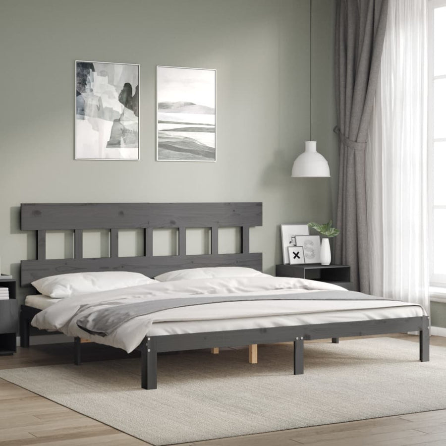 Bedframe met hoofdbord massief hout grijs 200x200 cm 200 x 200 cm Grijs met hoofdbord