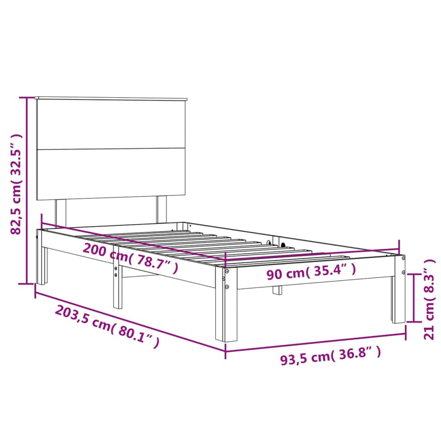 Bedframe Met Hoofdbord Massief Hout 90 x 200 cm Wit