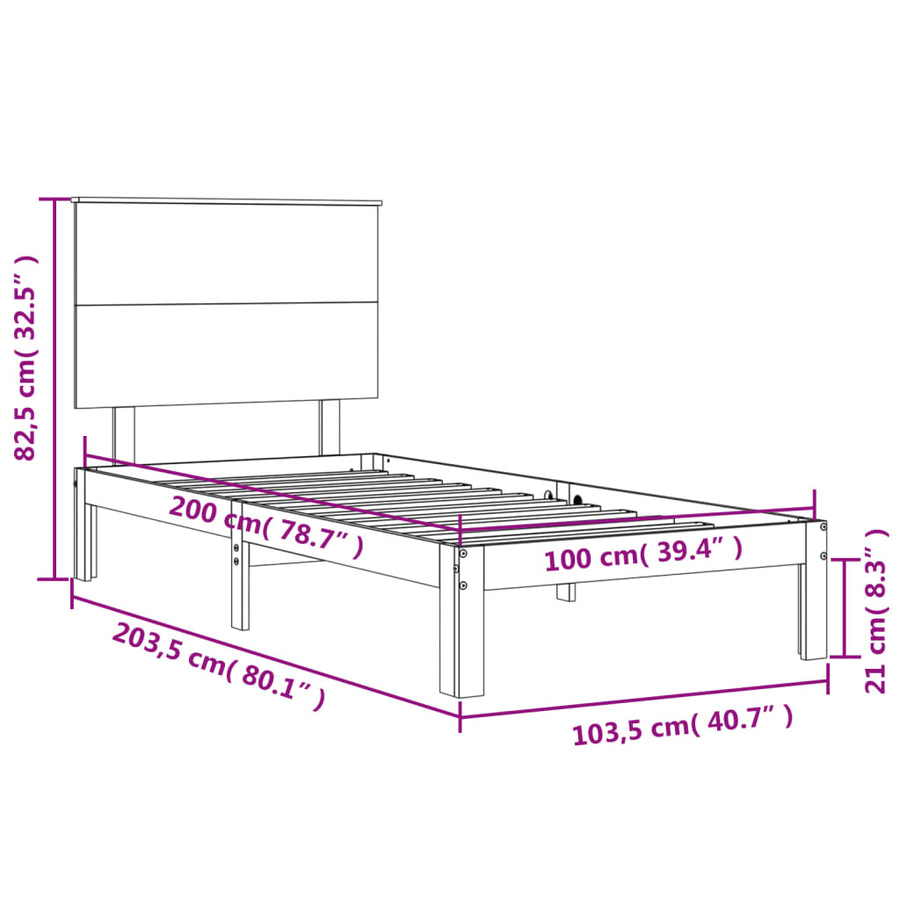 Bedframe Met Hoofdbord Massief Hout 100 x 200 cm Wit