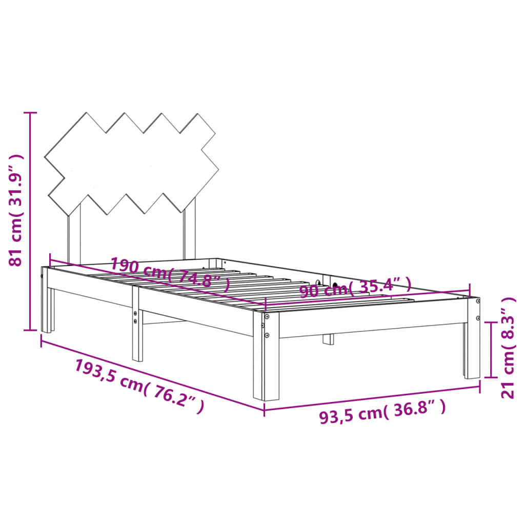 Bedframe Met Hoofdbord Massief Hout 3Ft Single 90 x 190 cm Naturel