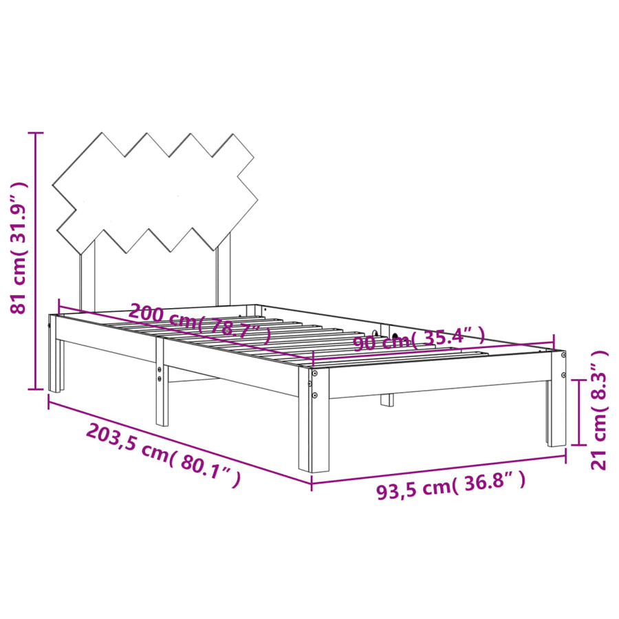 Bedframe Met Hoofdbord Massief Hout 90 x 200 cm Wit