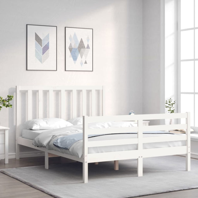 Bedframe met hoofdbord massief hout wit 140x190 cm 140 x 190 cm Wit