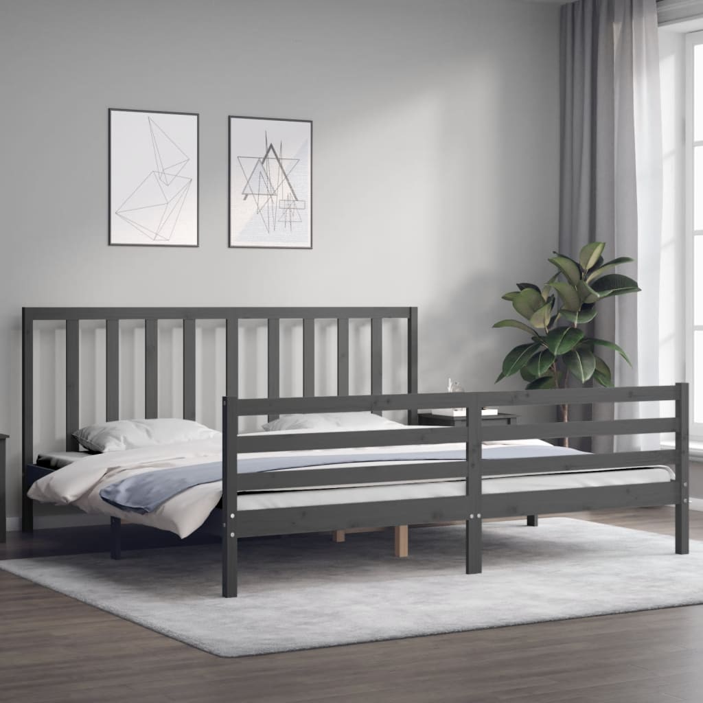 Bedframe met hoofdbord massief hout grijs 200x200 cm 200 x 200 cm Grijs