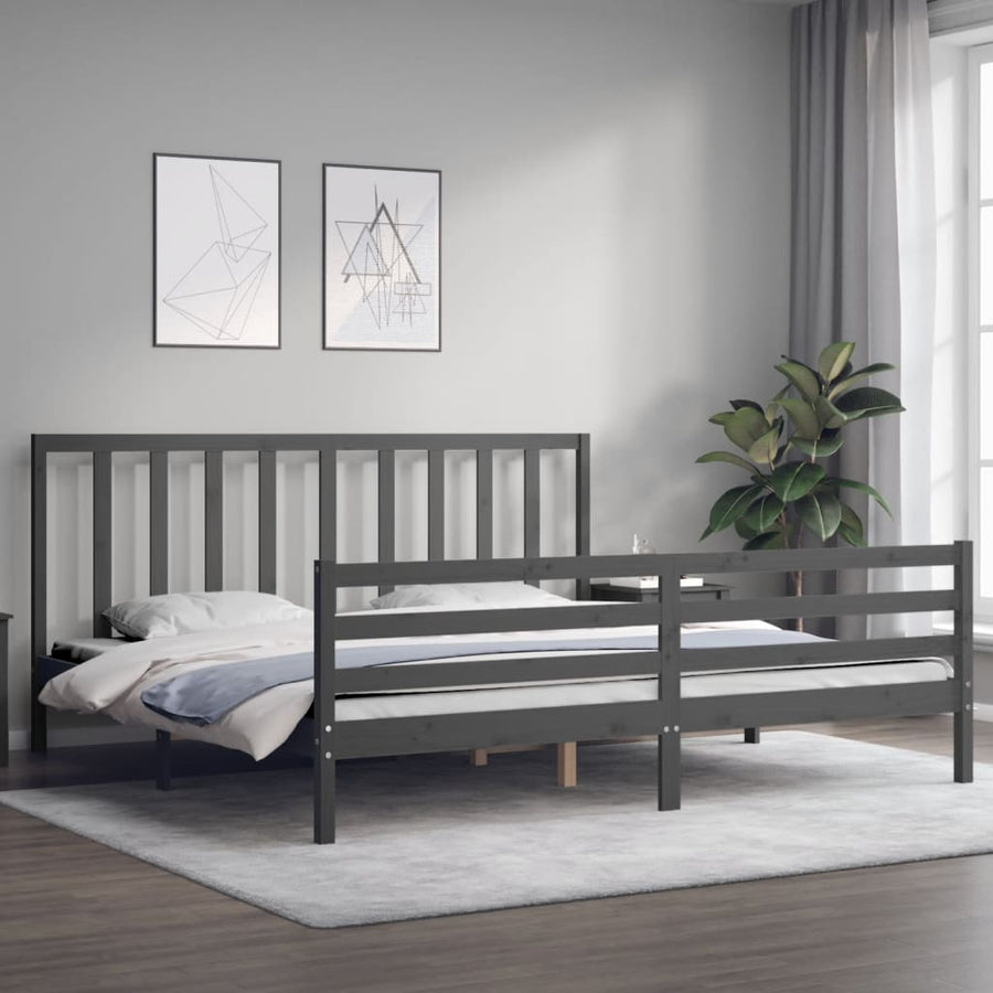 Bedframe met hoofdbord massief hout grijs 200x200 cm 200 x 200 cm Grijs
