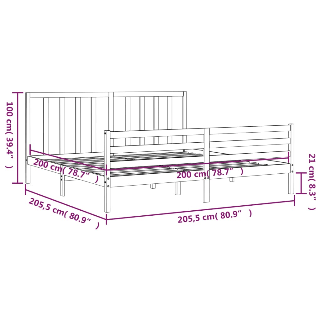 Bedframe met hoofdbord massief hout grijs 200x200 cm 200 x 200 cm Grijs