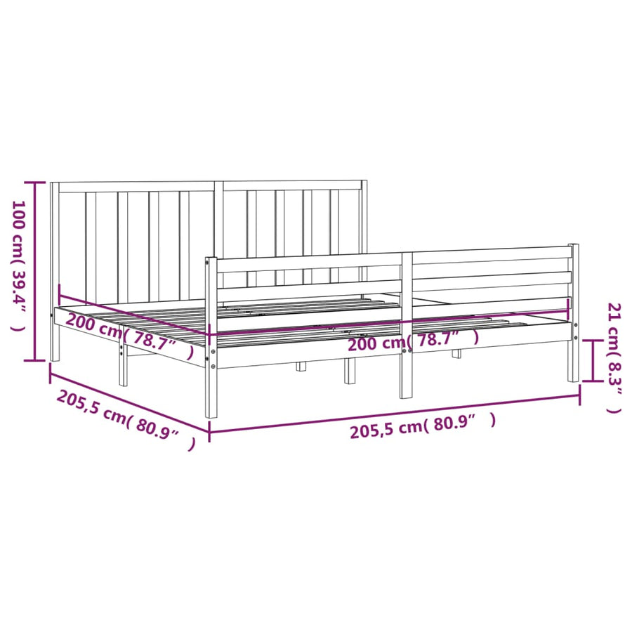 Bedframe met hoofdbord massief hout grijs 200x200 cm 200 x 200 cm Grijs