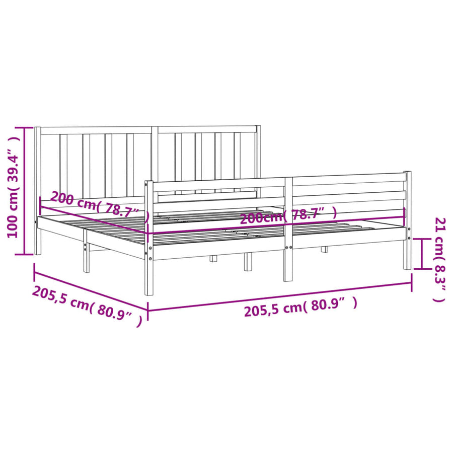 Bedframe Met Hoofdbord Massief Hout 200 x 200 cm Grijs