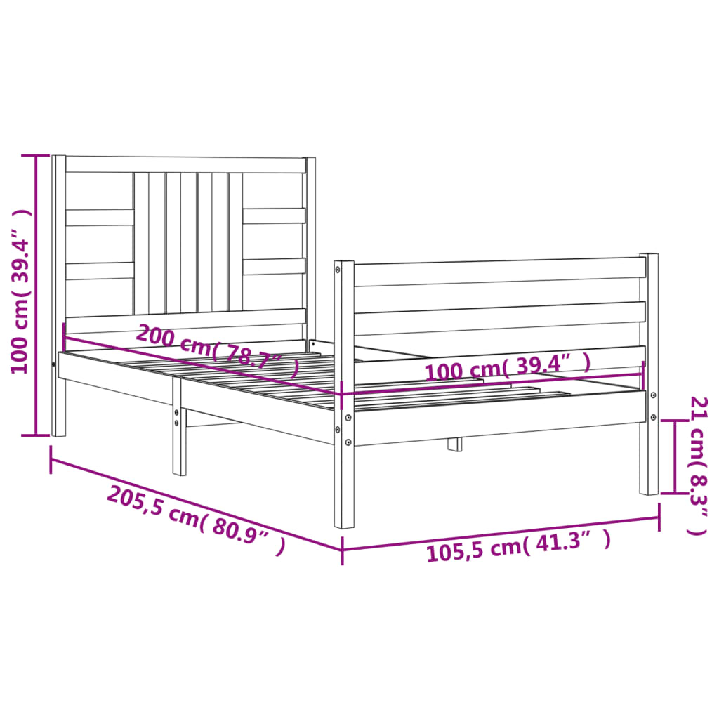 Bedframe Met Hoofdbord Massief Hout 100 x 200 cm Wit