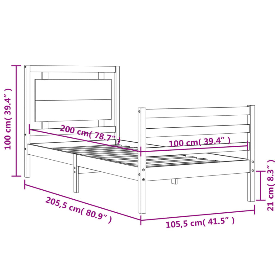 Bedframe Met Hoofdbord Massief Hout 100 x 200 cm Naturel