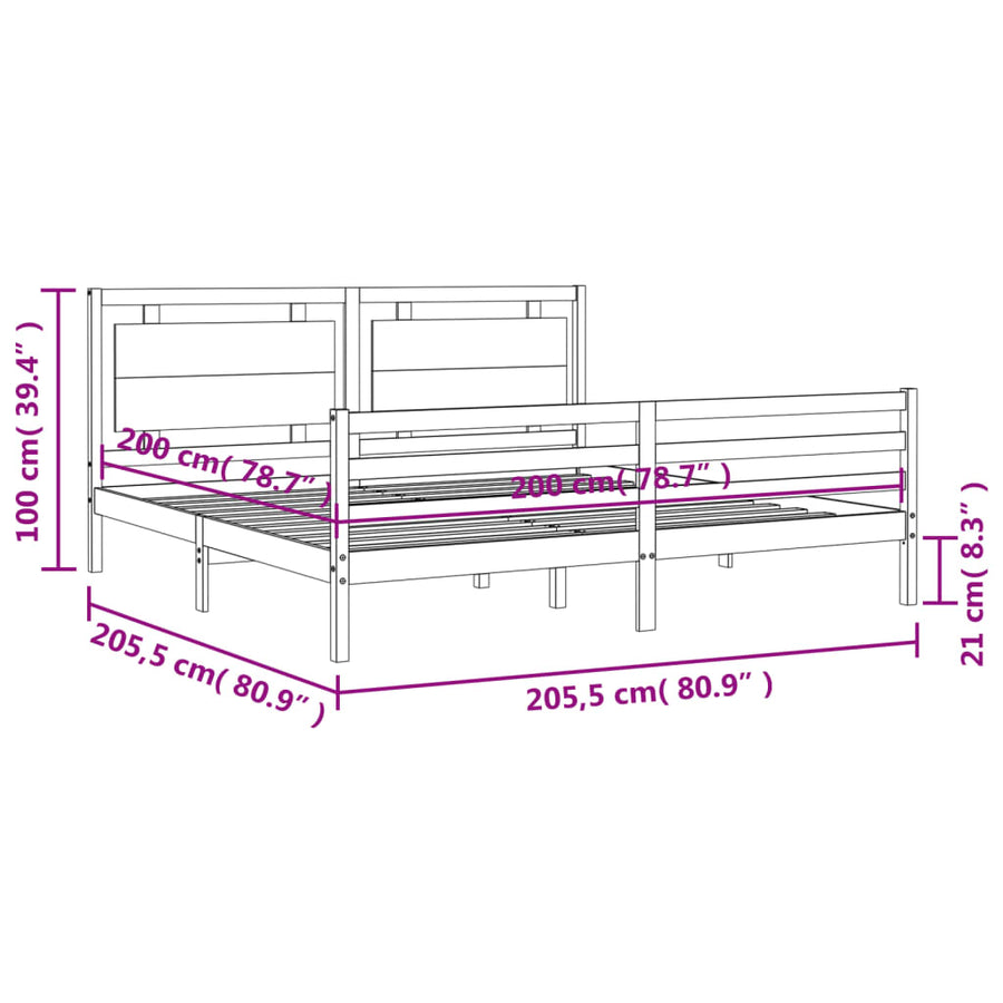 Bedframe Met Hoofdbord Massief Hout 200 x 200 cm Grijs