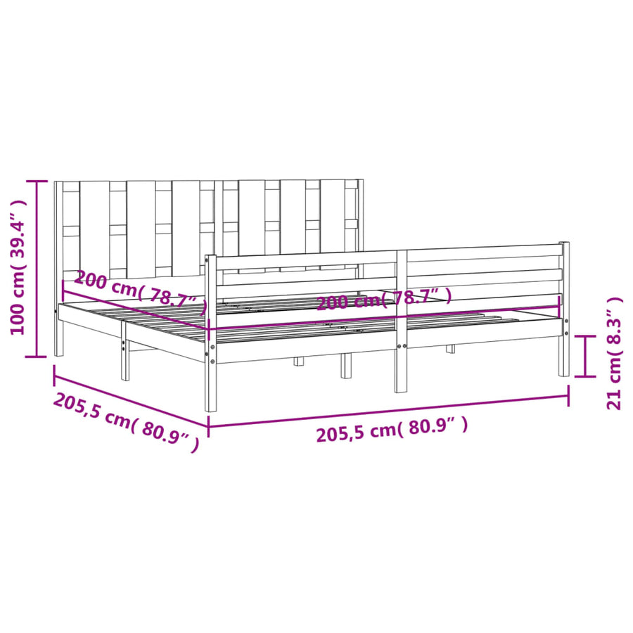 Bedframe Met Hoofdbord Massief Hout 200 x 200 cm Grijs