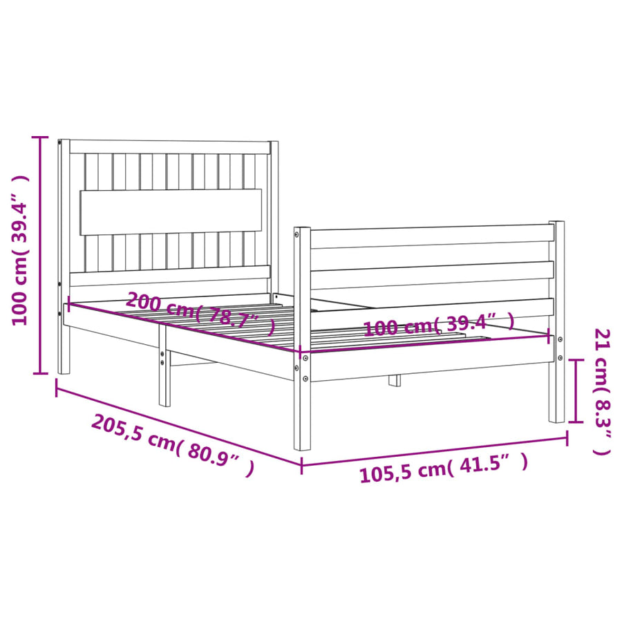 Bedframe Met Hoofdbord Massief Hout 100 x 200 cm Naturel