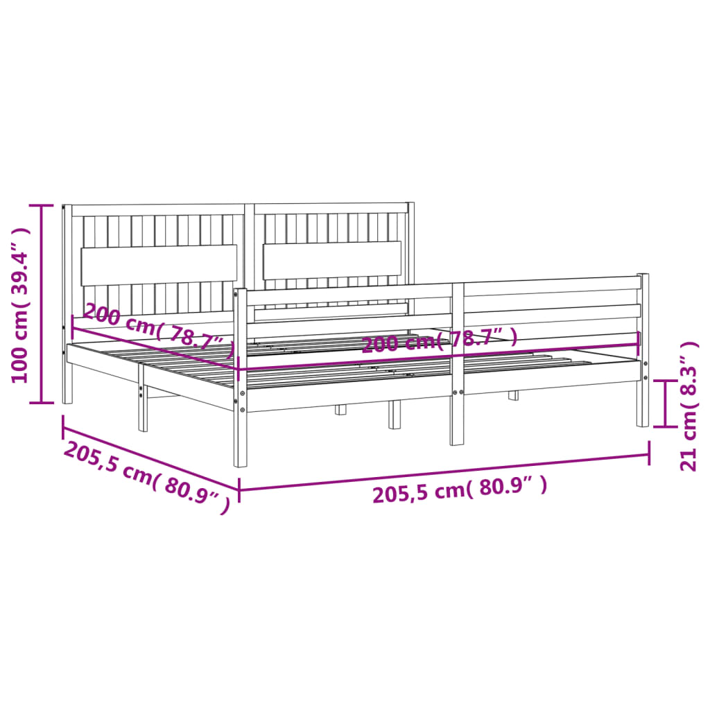 Bedframe Met Hoofdbord Massief Hout 200 x 200 cm Grijs