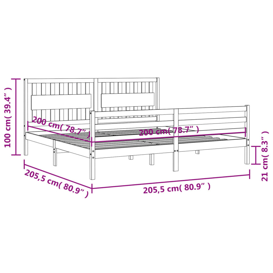 Bedframe Met Hoofdbord Massief Hout 200 x 200 cm Grijs