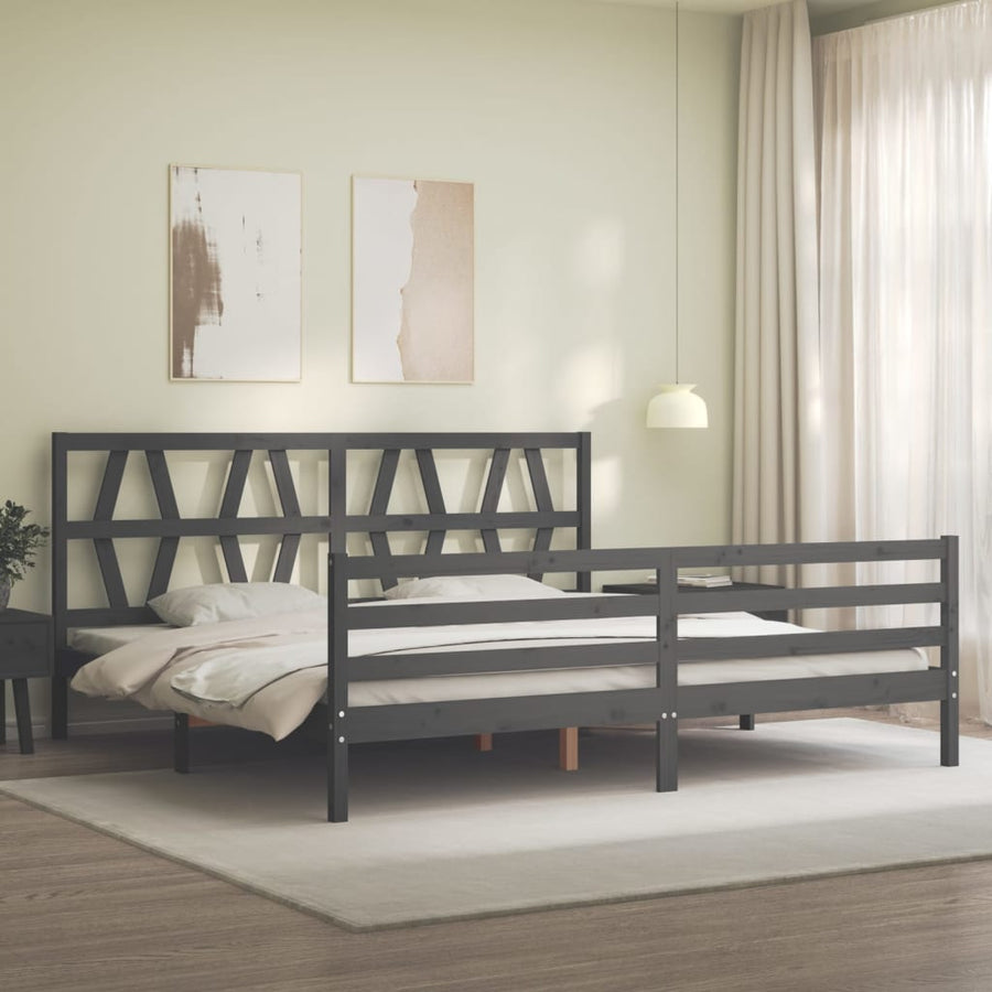 Bedframe met hoofdbord massief hout grijs 200x200 cm 200 x 200 cm Grijs