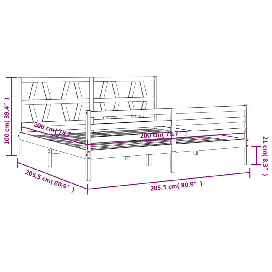 Bedframe met hoofdbord massief hout grijs 200x200 cm 200 x 200 cm Grijs