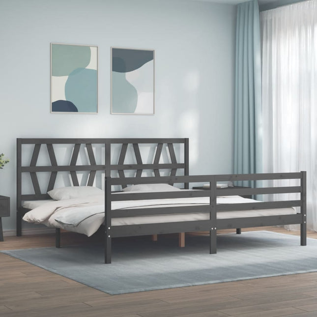 Bedframe met hoofdbord massief hout grijs 200x200 cm 200 x 200 cm Grijs