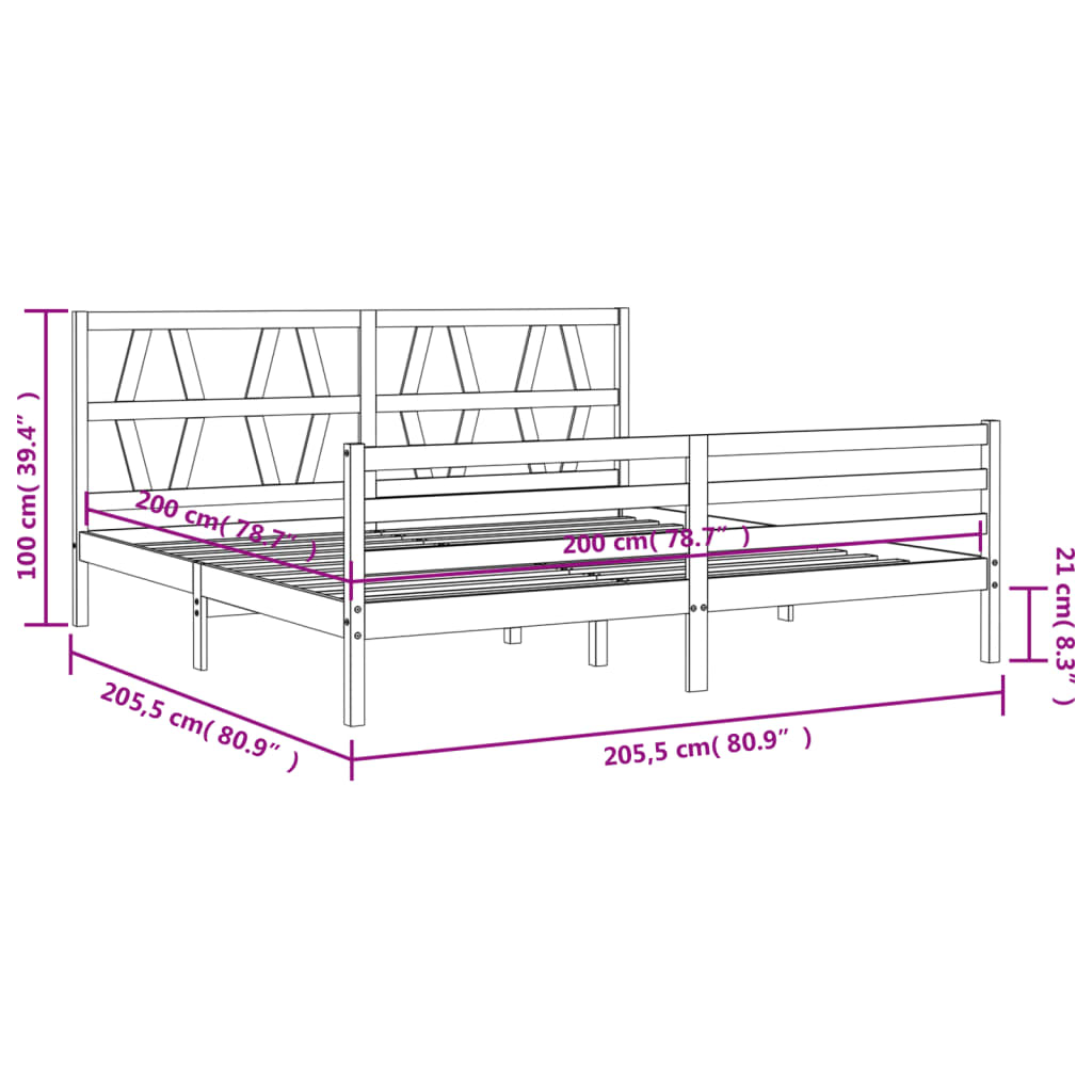 Bedframe met hoofdbord massief hout zwart 200x200 cm 200 x 200 cm Zwart