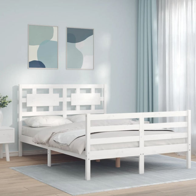 Bedframe met hoofdbord massief hout wit 140x190 cm 140 x 190 cm Wit