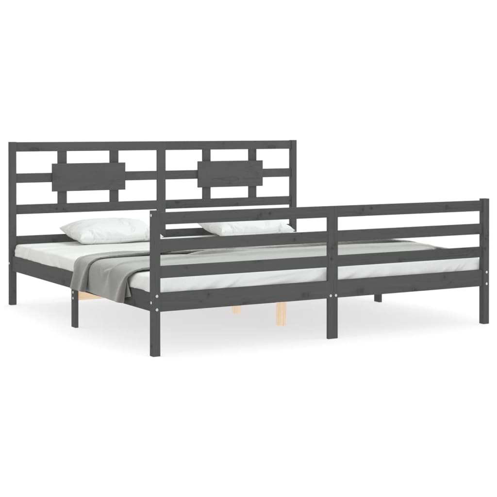Bedframe met hoofdbord massief hout grijs 200x200 cm 200 x 200 cm Grijs