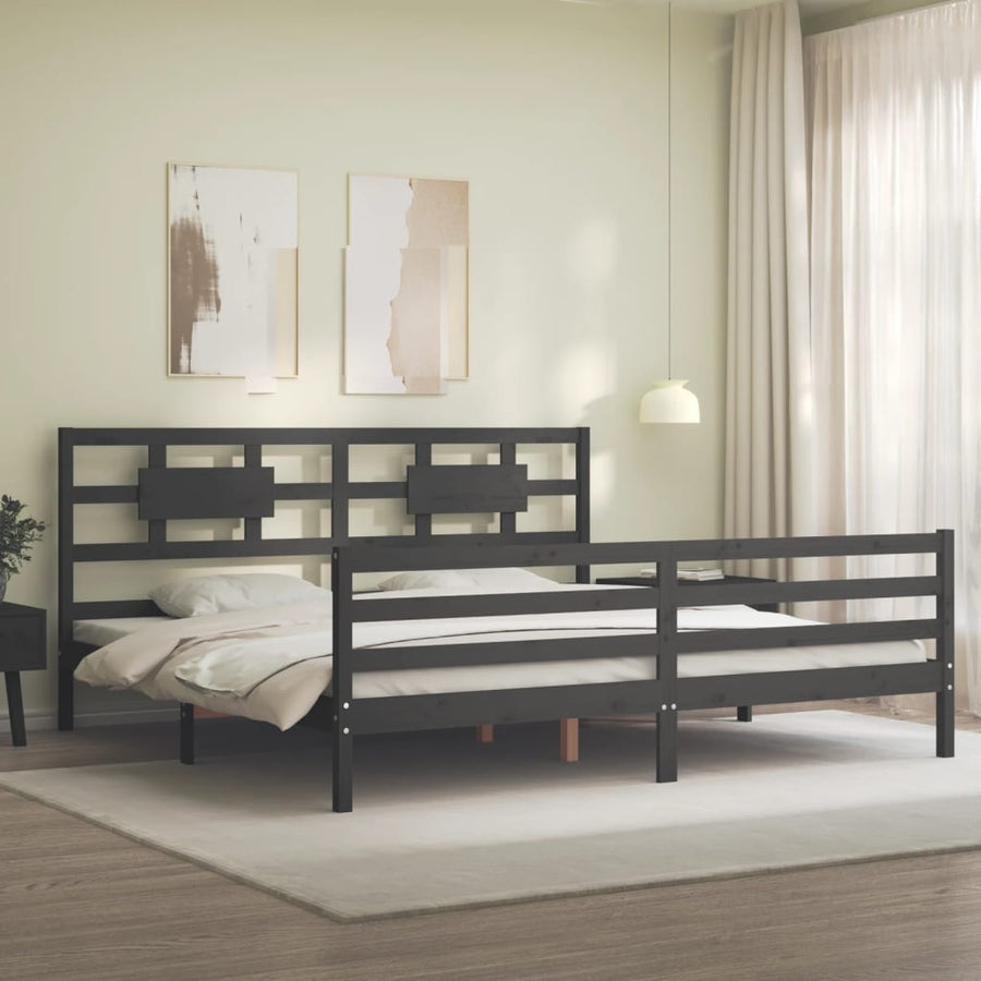 Bedframe met hoofdbord massief hout grijs 200x200 cm 200 x 200 cm Grijs