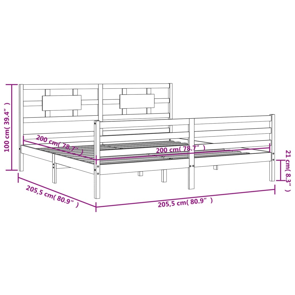 Bedframe met hoofdbord massief hout grijs 200x200 cm 200 x 200 cm Grijs