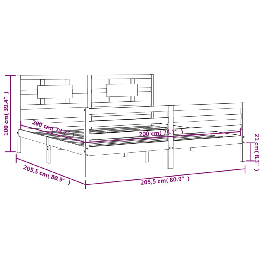 Bedframe met hoofdbord massief hout grijs 200x200 cm 200 x 200 cm Grijs
