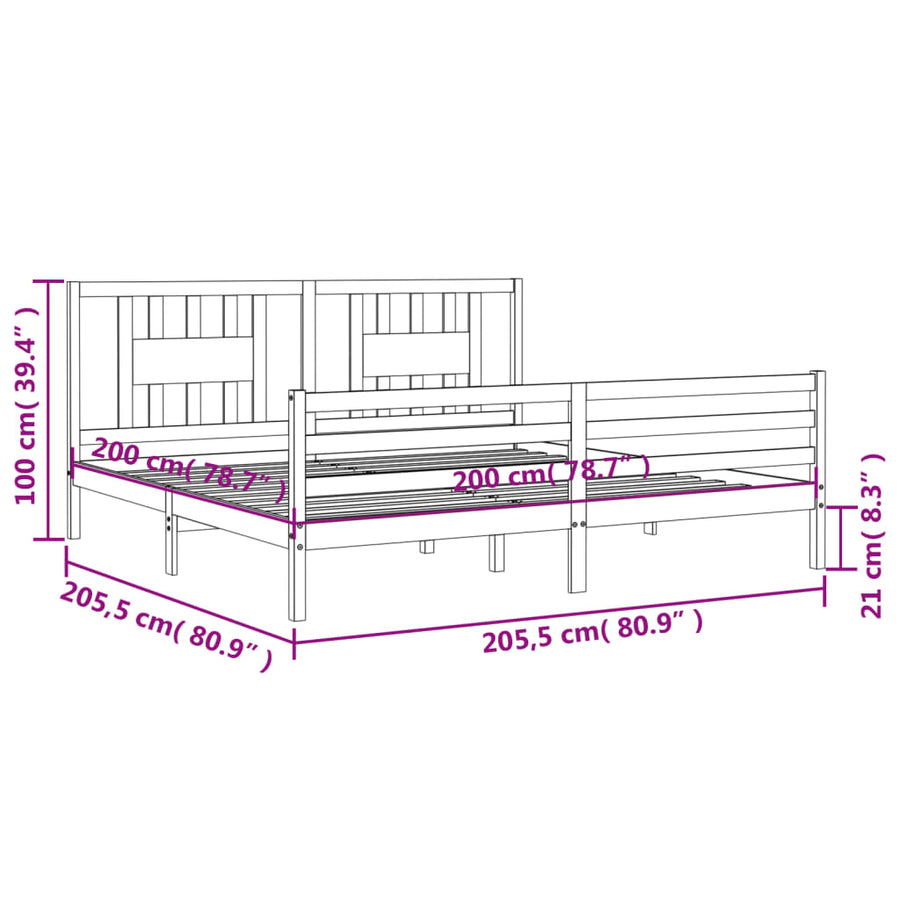 Bedframe Met Hoofdbord Massief Hout 200 x 200 cm Grijs
