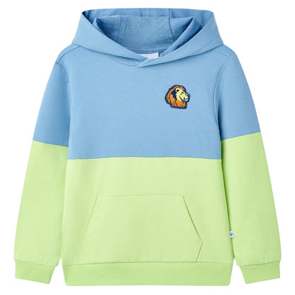 Kindertrui met capuchon 92 blauw en zachtgeel
