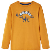 Kindershirt lange mouwen 128 donker oker dinosaurus
