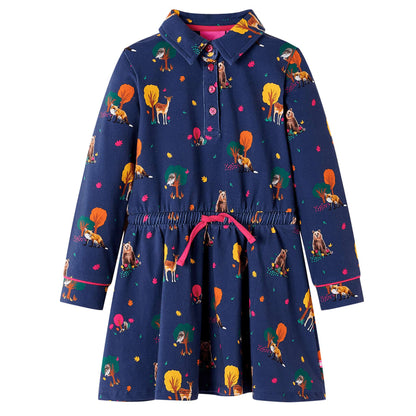 Kinderjurk lange mouwen en trekkoord 128 marineblauw 128