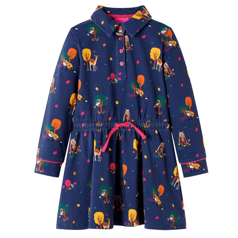 Kinderjurk lange mouwen en trekkoord 128 marineblauw 128