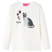 Kindershirt lange mouwen 128 ecru pailletten kat