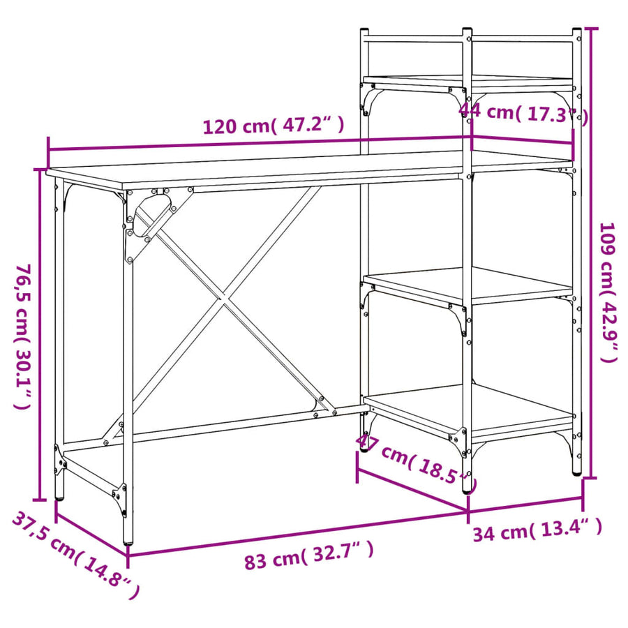 Computerbureau Met Schappen 120X47X109 Cm bruin eikenkleur
