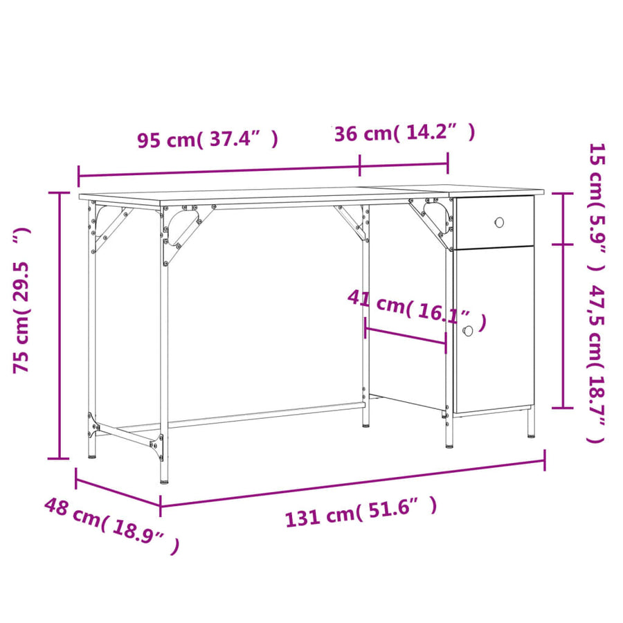 Bureau 131X48X75 Cm Bewerkt Hout Kleurig Sonoma eiken