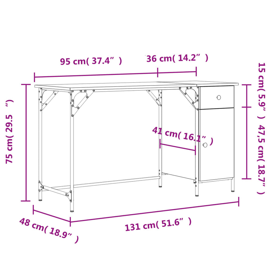 Bureau 131X48X75 Cm Bewerkt Hout Eikenkleurig Grijs sonoma