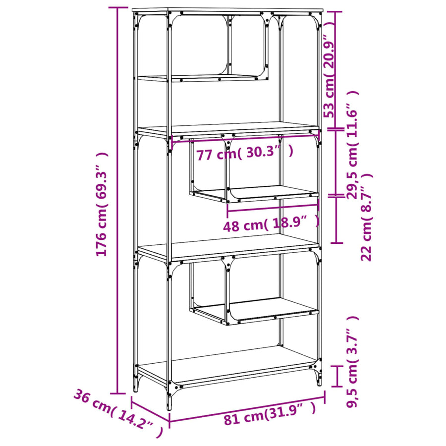 Boekenkast 81X36X176 Cm Bewerkt Hout Kleurig Sonoma eiken