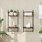 Wall shelves 2-tier with rods 2 pcs 30x25x65 cm smoked oak