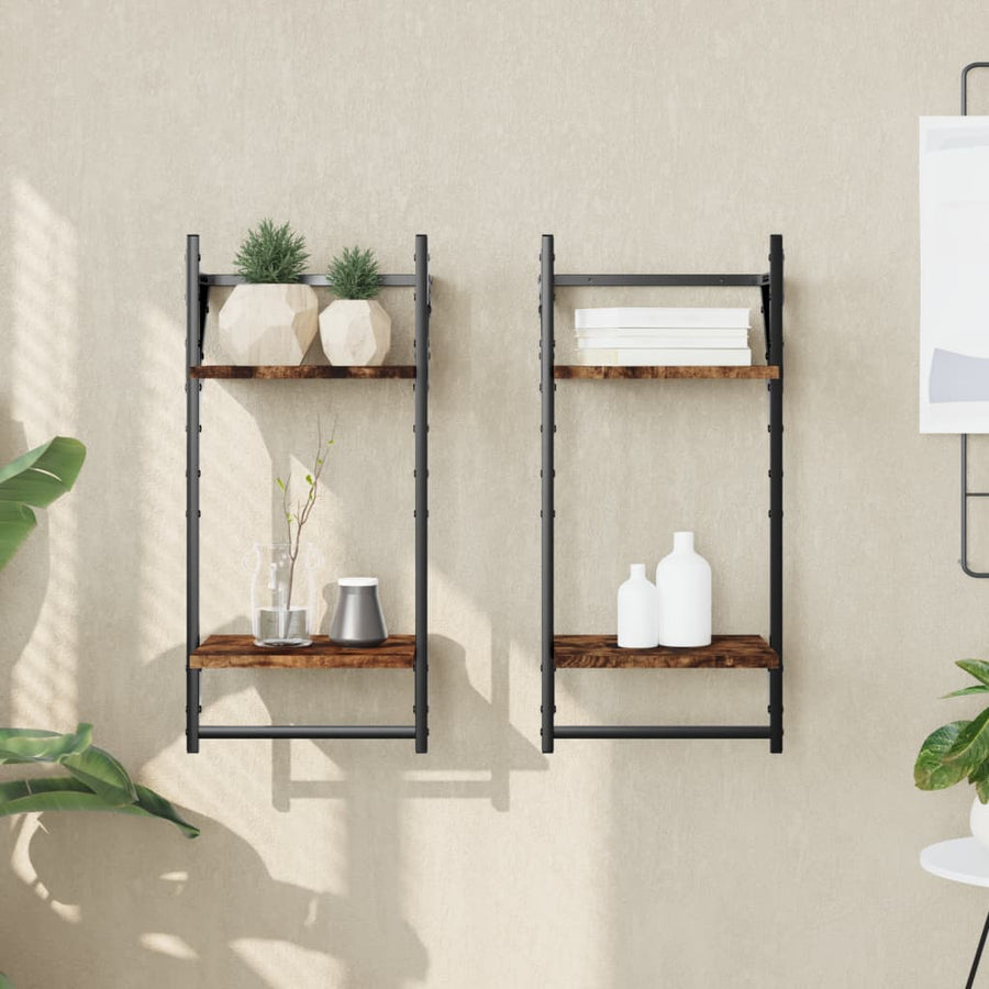 Wandschappen 2-Laags Met Stangen 2 St 30X25X65 Cm Gerookt Eiken