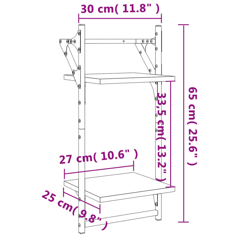 Wandschappen 2-Laags Met Stangen 2 St 30X25X65 Cm Grijs Sonoma