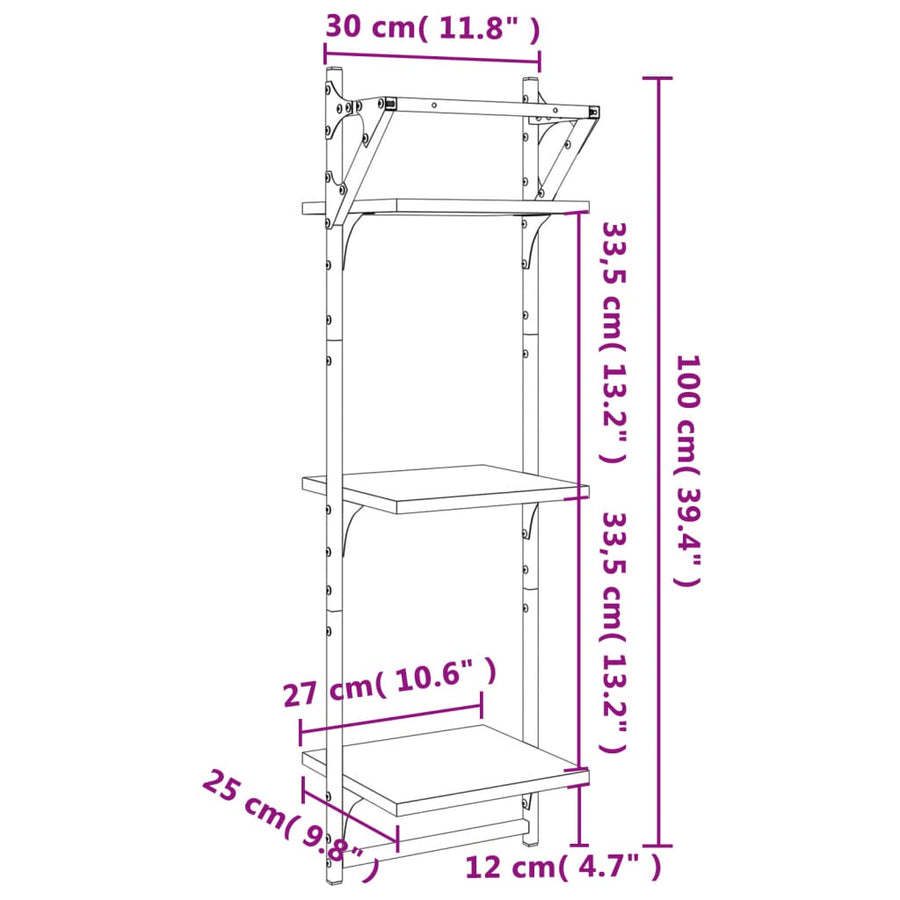 Wandschappen 3-Laags Met Stangen 2 St 30X25X100 Cm Sonoma Eiken