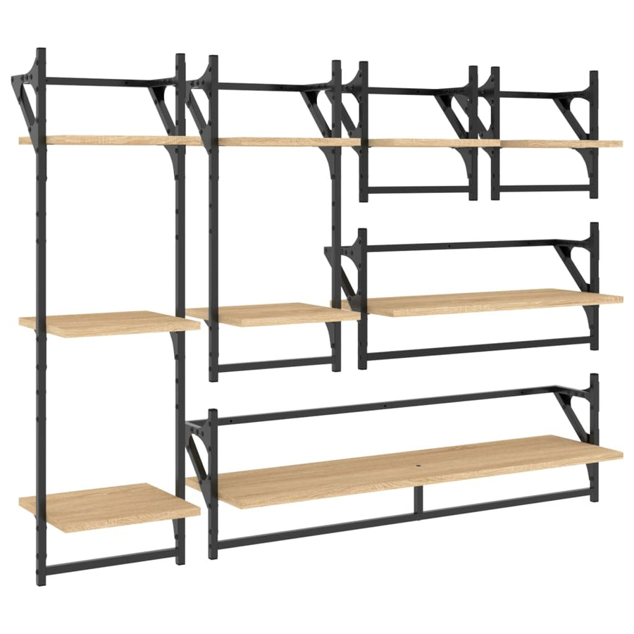 -Delige Wandschappenset Met Stangen Bewerkt Hout Sonoma eiken
