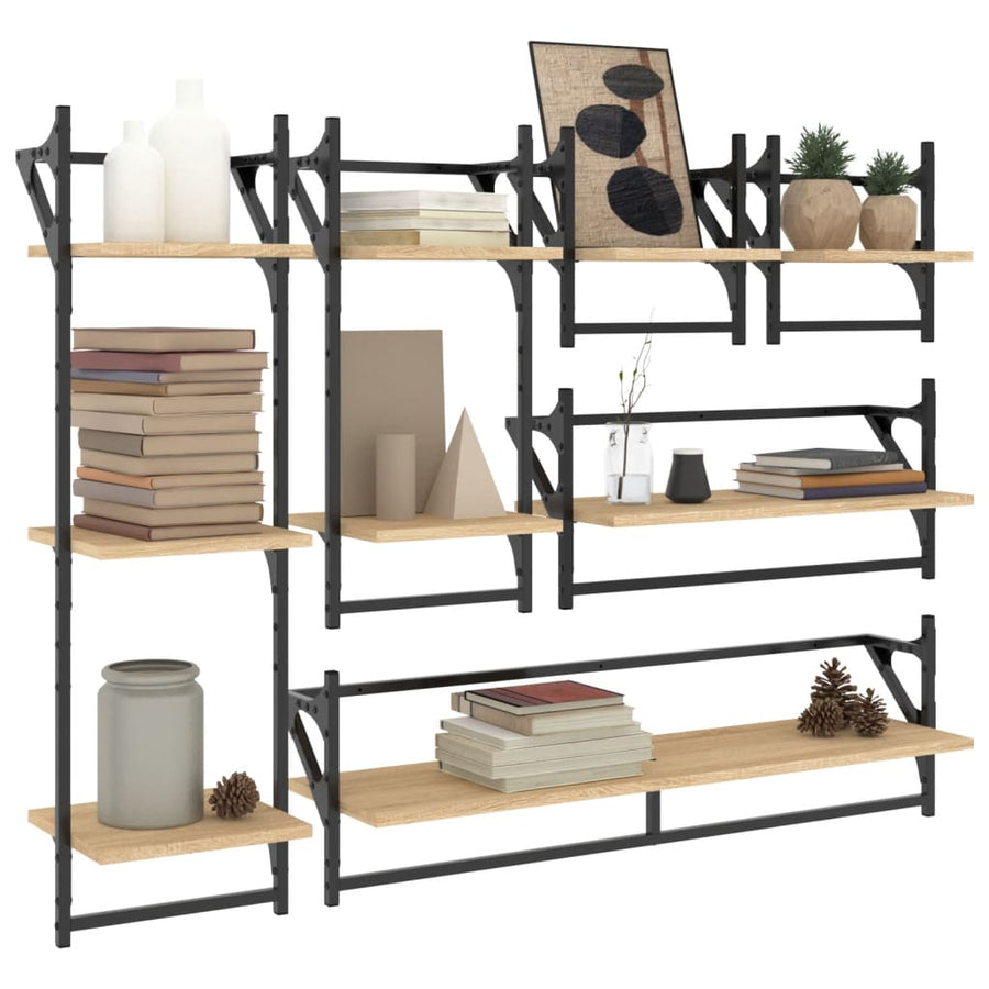 -Delige Wandschappenset Met Stangen Bewerkt Hout Sonoma eiken