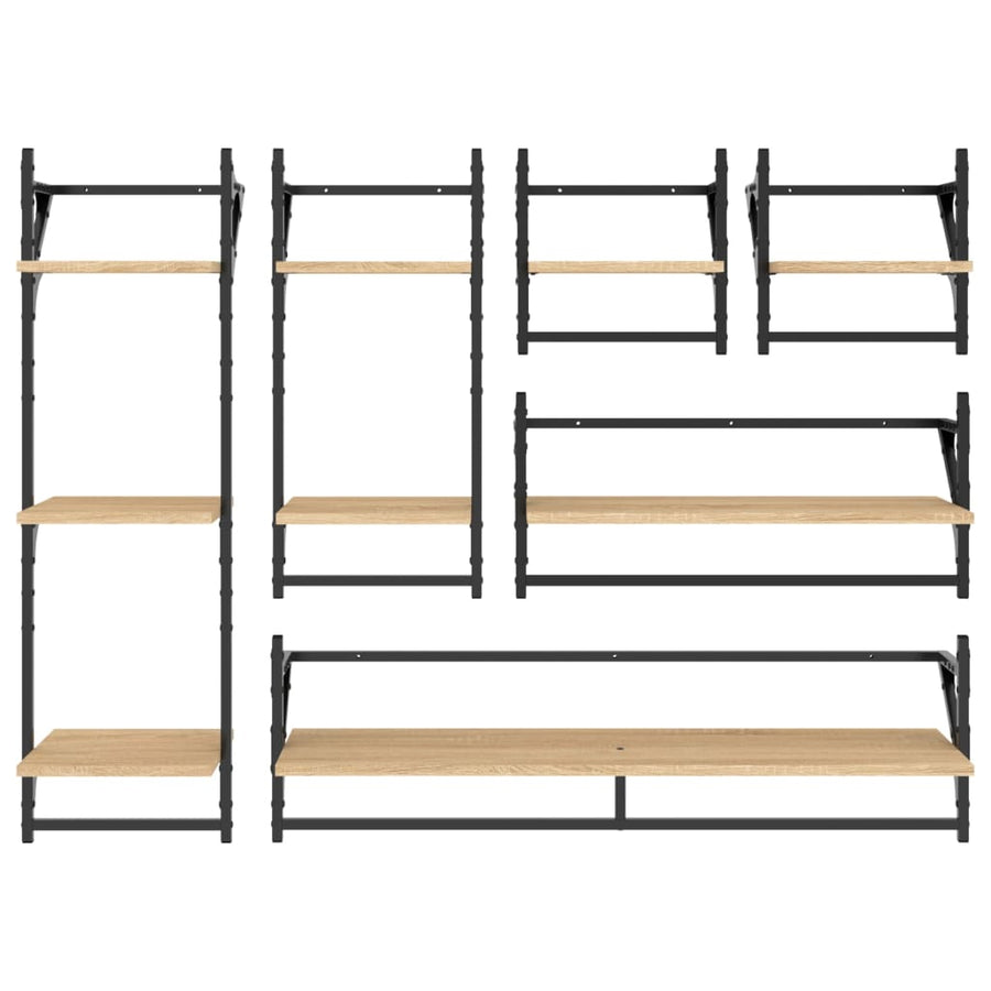 -Delige Wandschappenset Met Stangen Bewerkt Hout Sonoma eiken